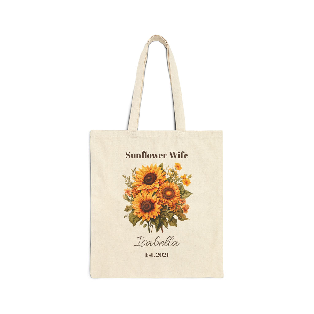 Personalized Sunflower Wife natural canvas tote with a sunflower bouquet, custom name and 'Est.' year