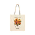 Personalized Sunflower Wife natural canvas tote with a sunflower bouquet, custom name and 'Est.' year