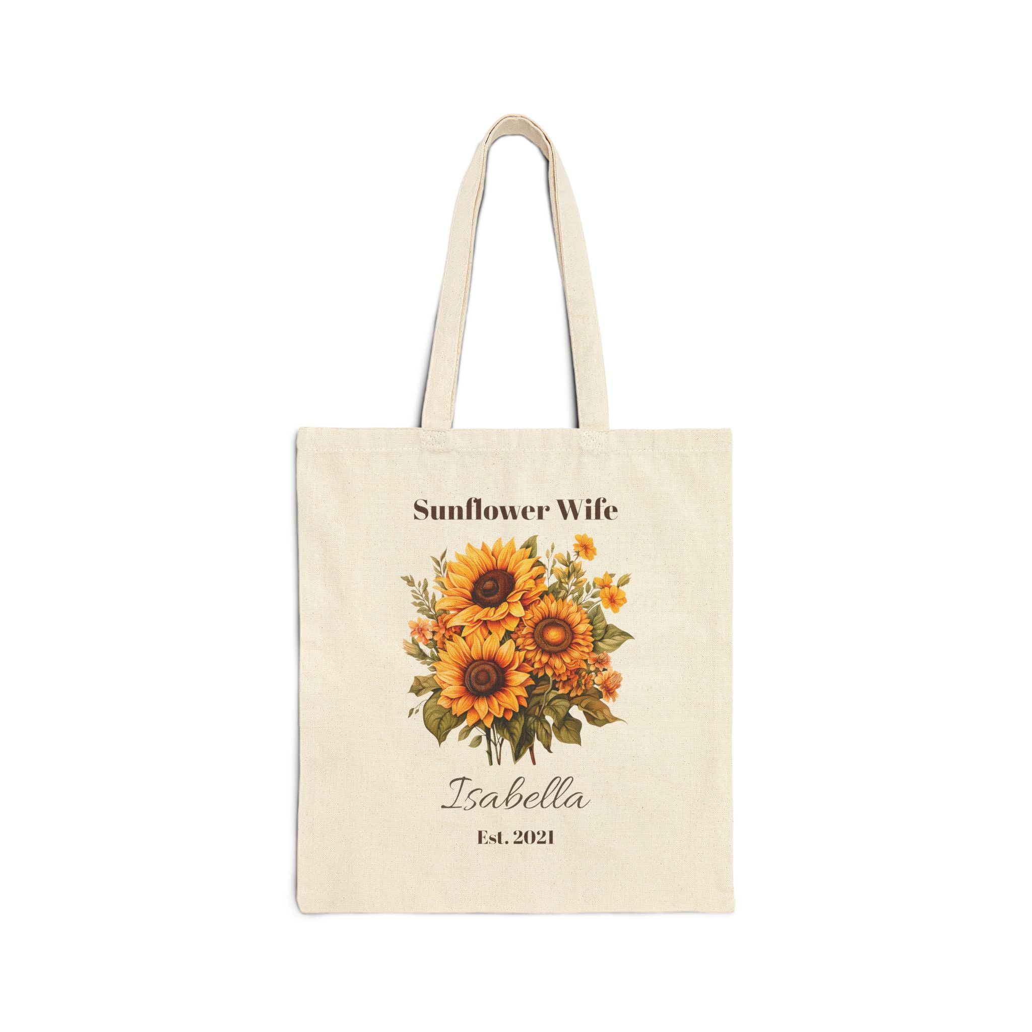 Personalized Sunflower Wife natural canvas tote with a sunflower bouquet, custom name and 'Est.' year