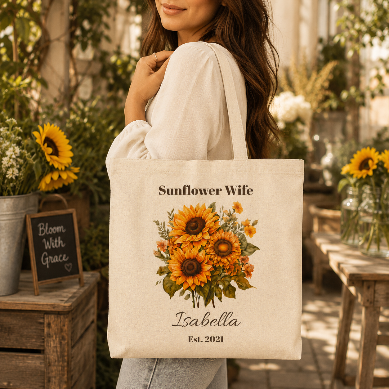 Close-up of the sunflower print on the Sunflower Wife tote bag
