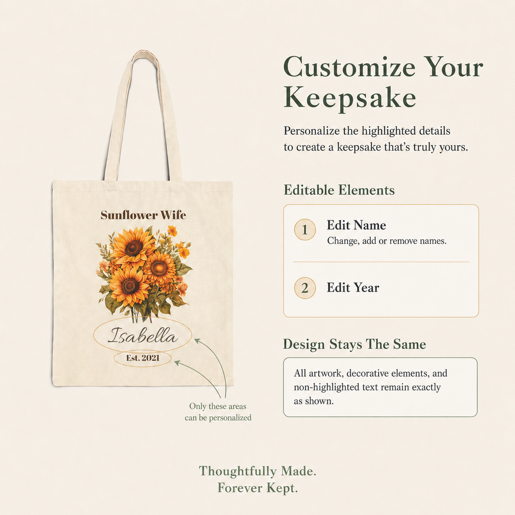 Sunflower Wife personalized cotton tote bag shown flat