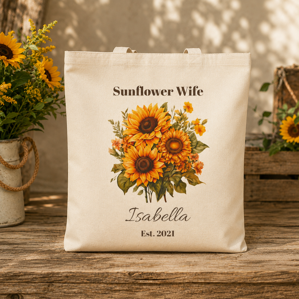 Sunflower Wife personalized tote bag shown held by the handles
