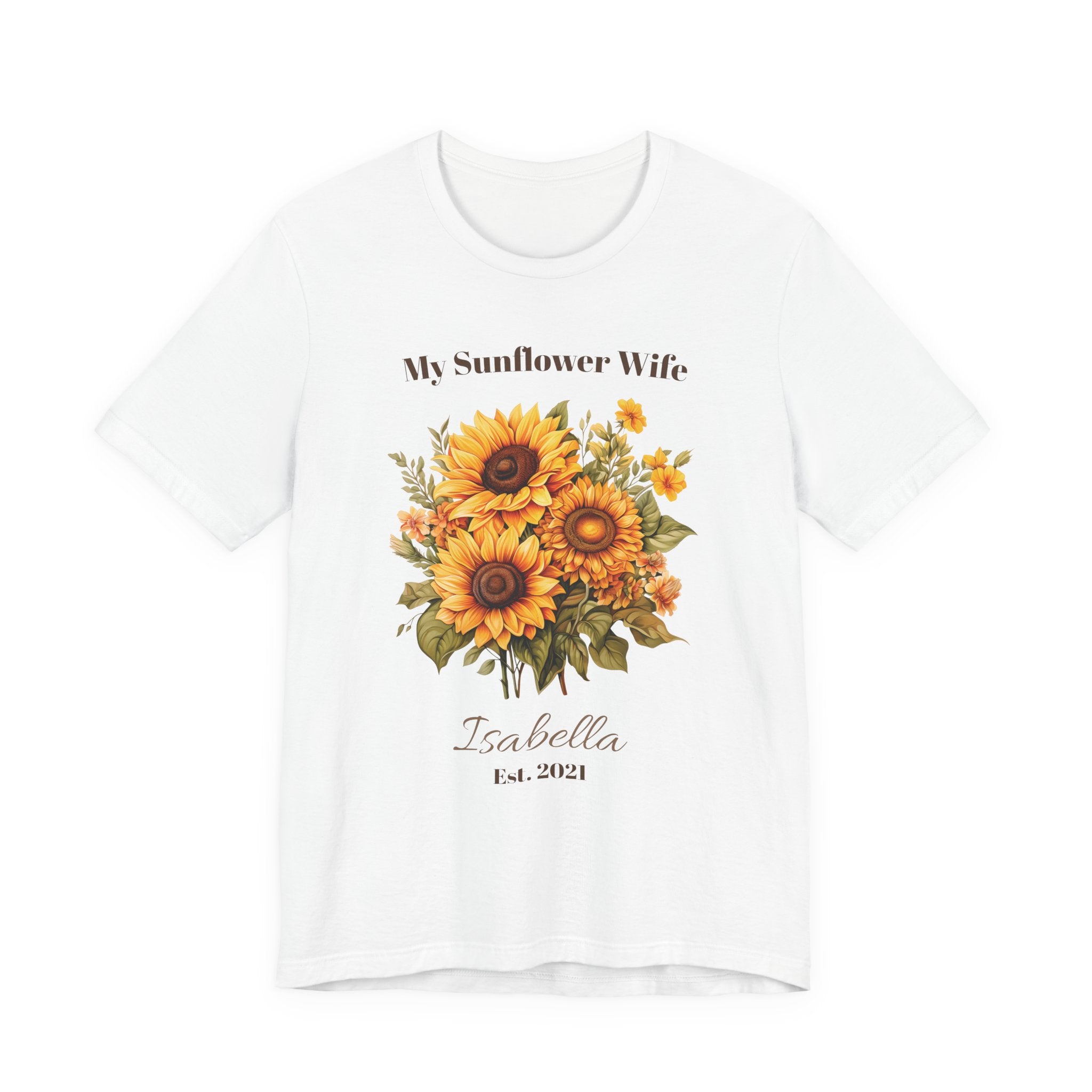 Personalized 'My Sunflower Wife' t-shirt with a sunflower bouquet, custom name and 'Est.' year