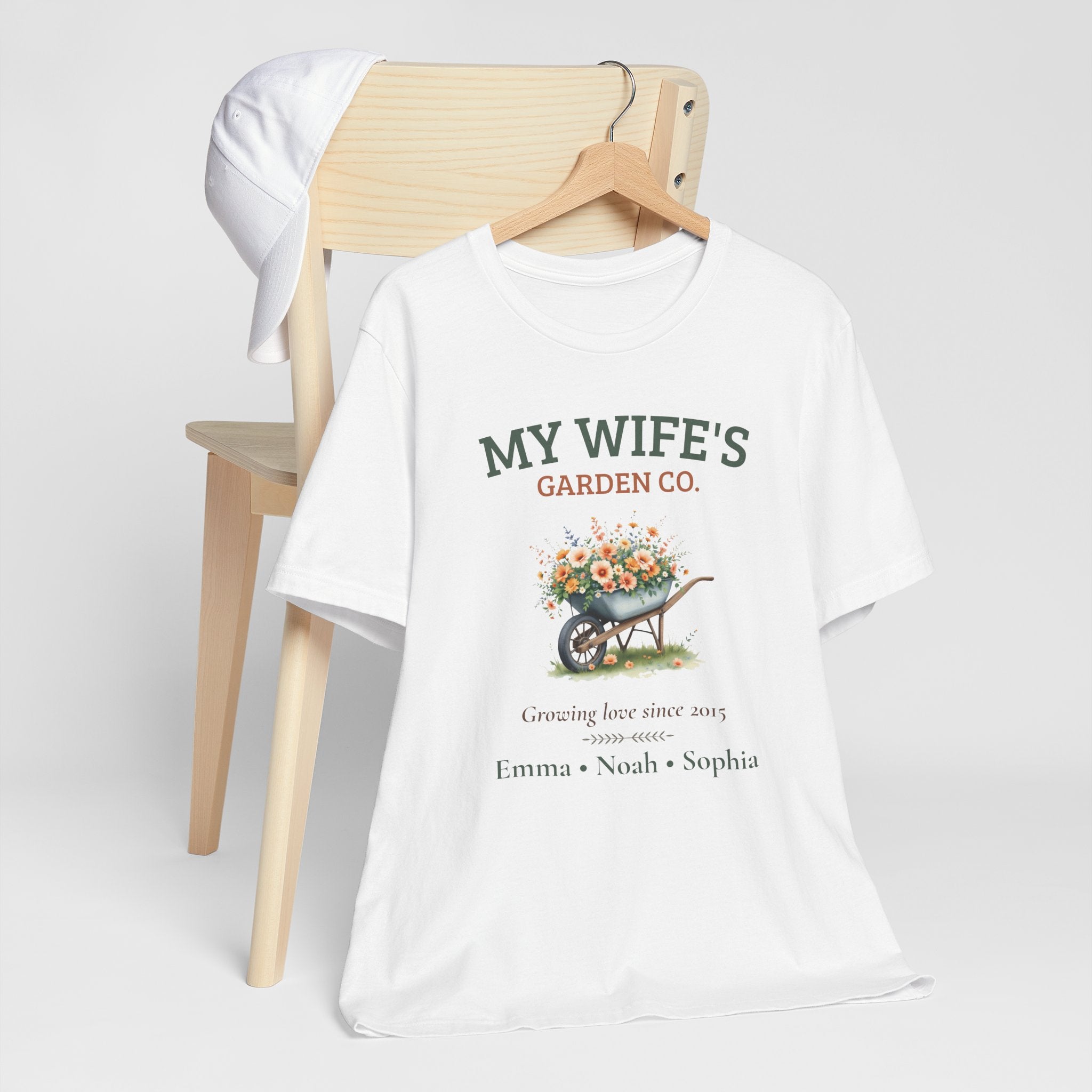 My Wife's Garden Co. cotton t-shirt styled in a cozy home setting