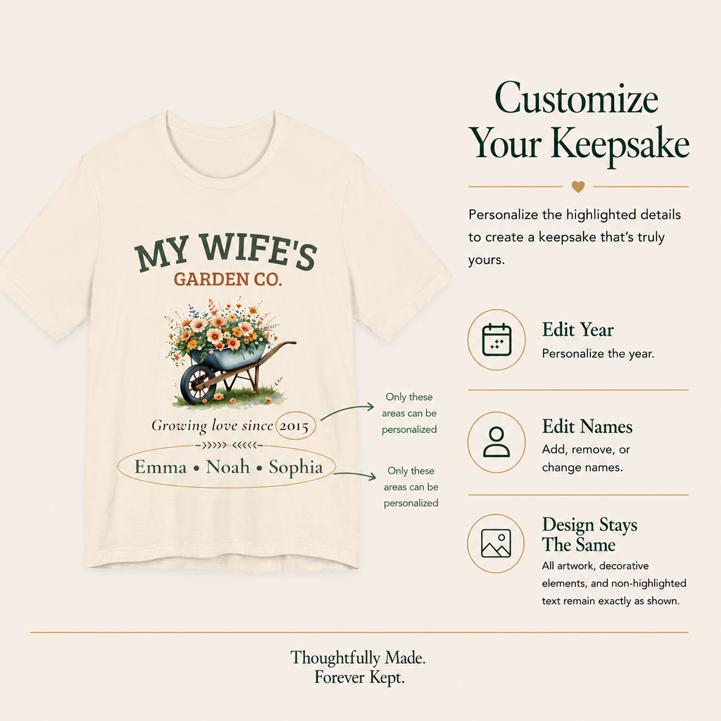 My Wife's Garden Co. personalized tee displayed on a hanger