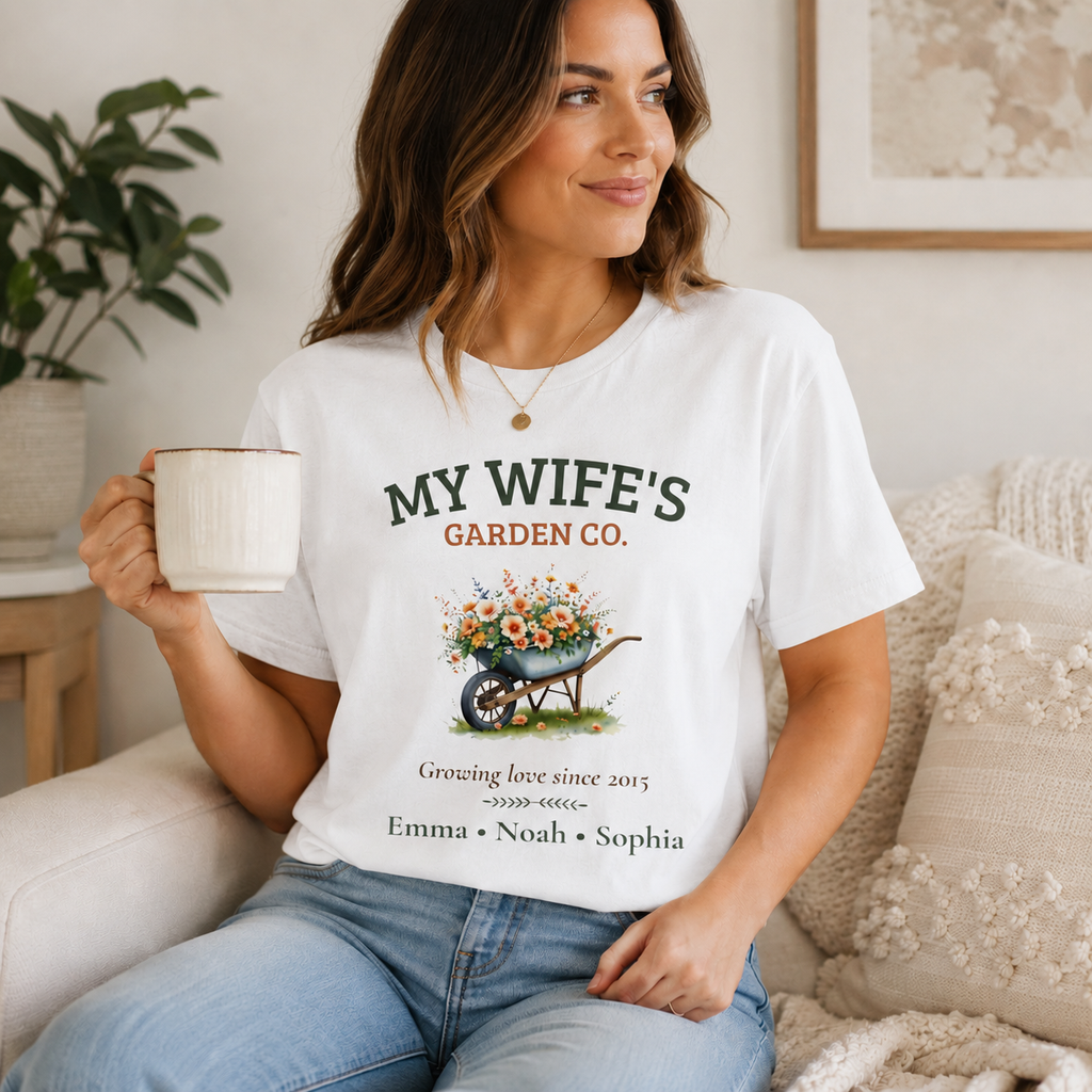 My Wife's Garden Co. personalized tee shown on a model