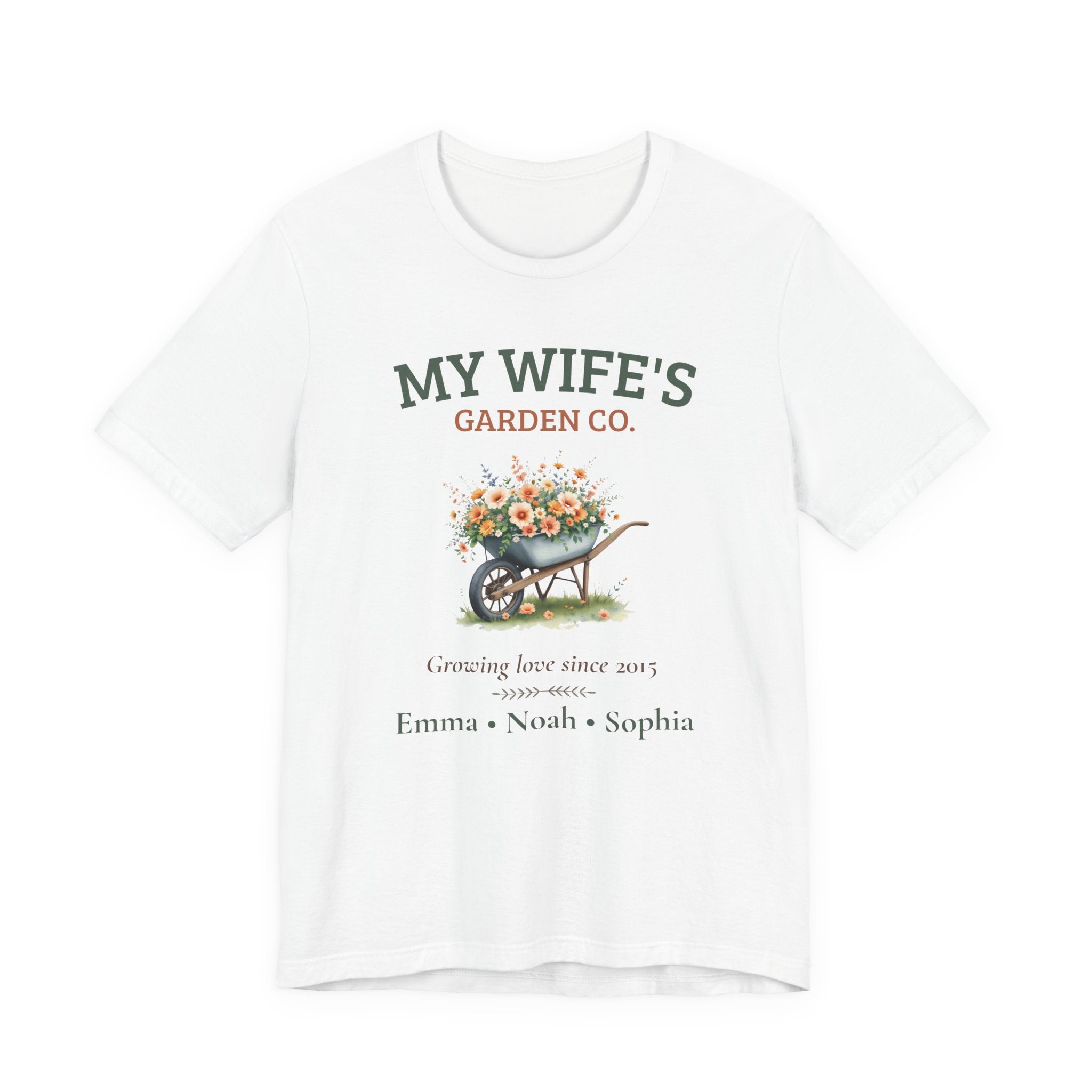 Personalized 'My Wife's Garden Co.' t-shirt with a floral wheelbarrow design, 'growing love since' year and family names
