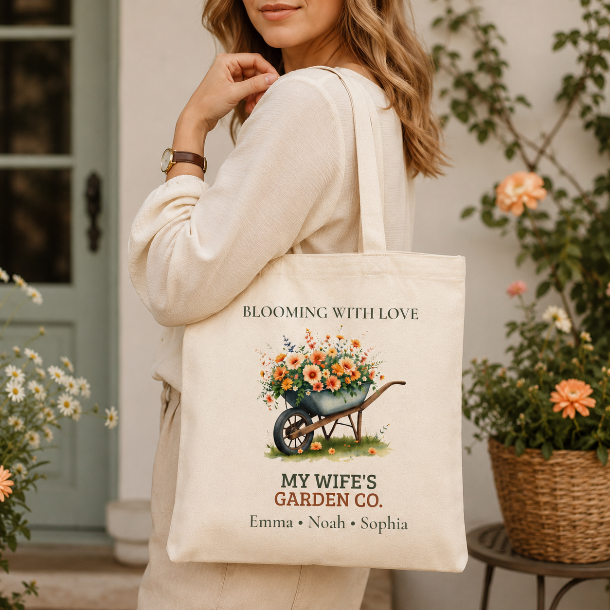 Close-up of the wheelbarrow floral print on the My Wife's Garden Co. tote bag
