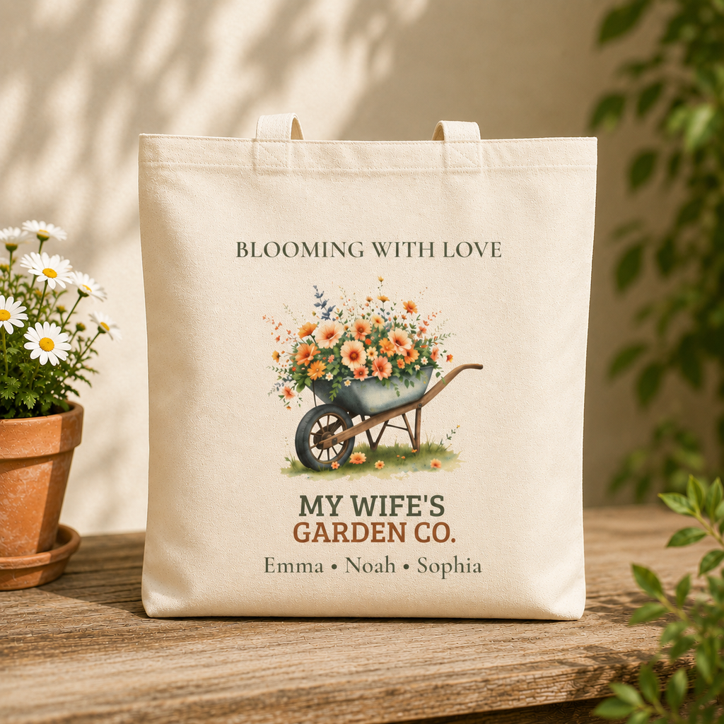 My Wife's Garden Co. personalized tote bag shown held by the handles
