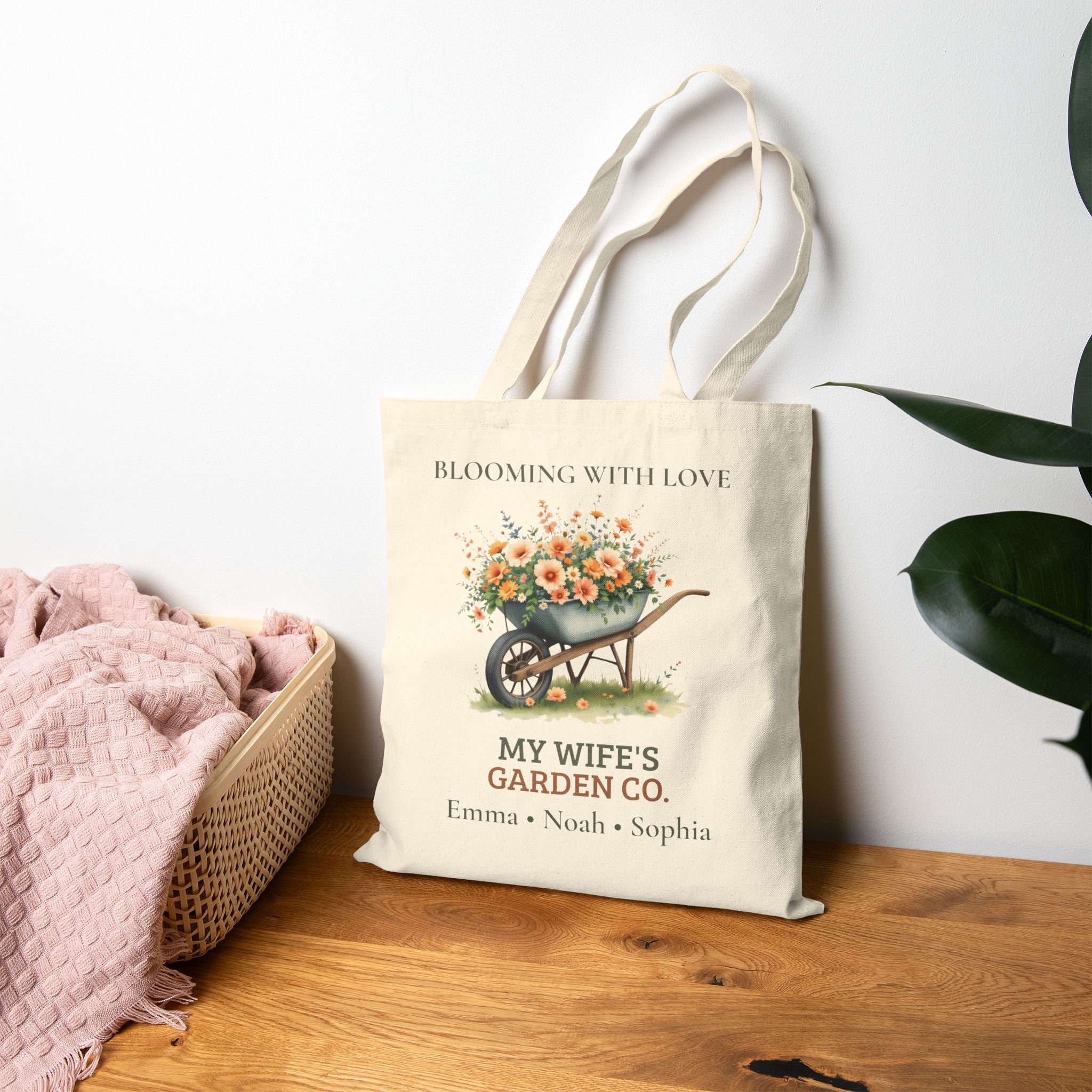My Wife's Garden Co. natural canvas tote styled for a market trip