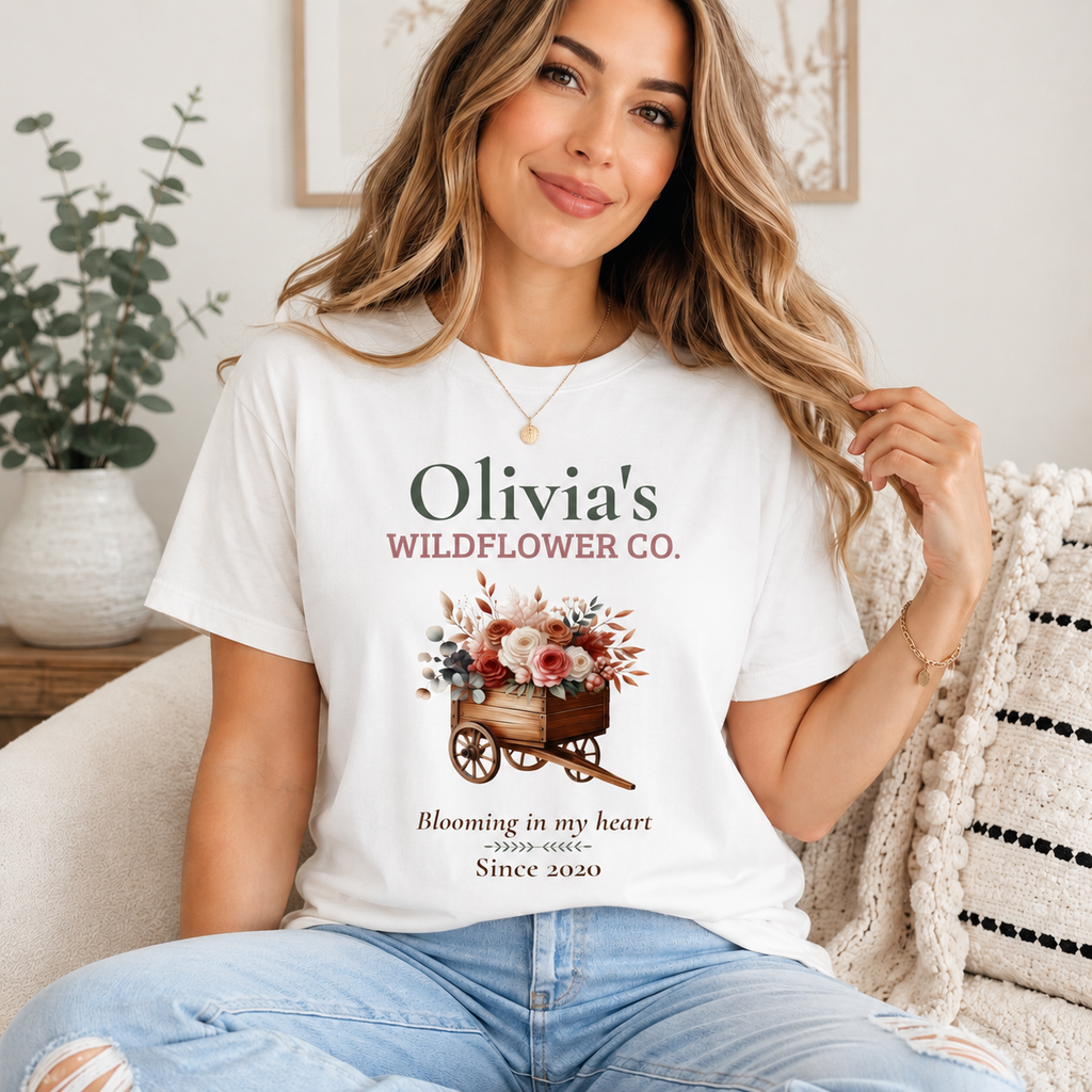 Wildflower Co. personalized tee shown on a model