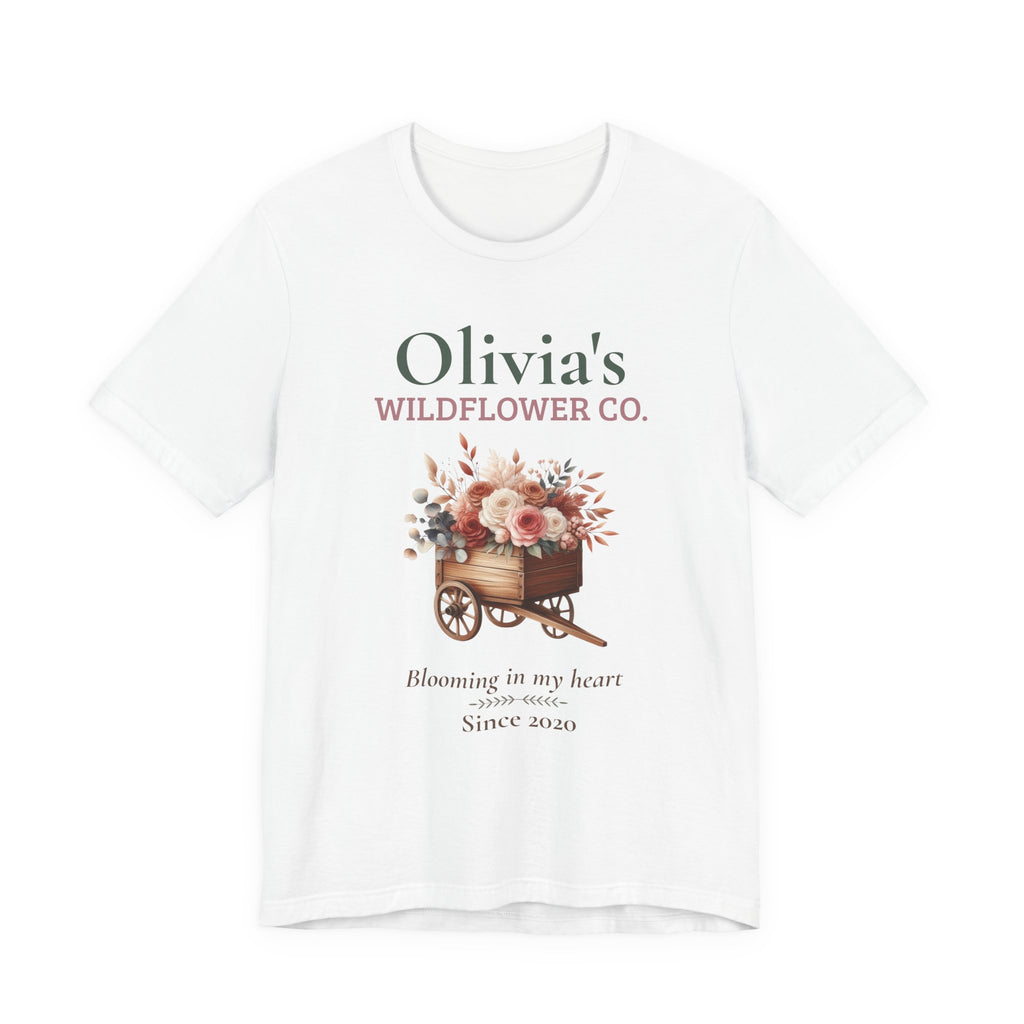 Personalized Wildflower Co. t-shirt reading 'Blooming in my heart' with a custom name, 'since' year and floral cart design