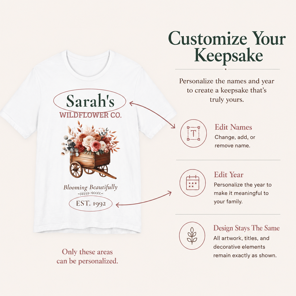 Detail of the personalized text on the Wildflower Co. tee