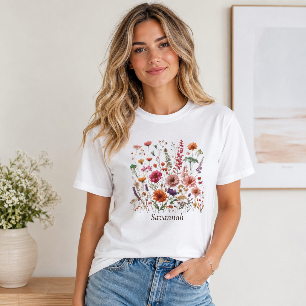 Close-up of pressed wildflower graphic with personalized name print