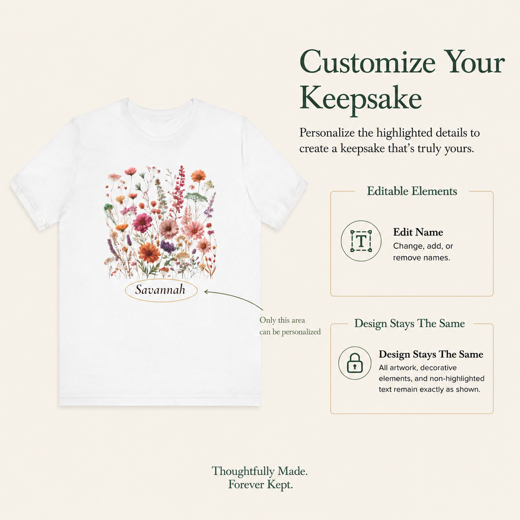 Wildflower bouquet personalized t-shirt flat lay