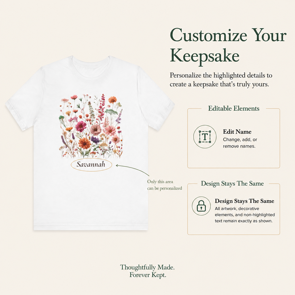 Wildflower bouquet personalized t-shirt flat lay