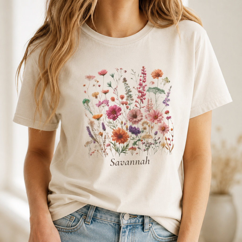 Wildflower bouquet personalized t-shirt on hanger
