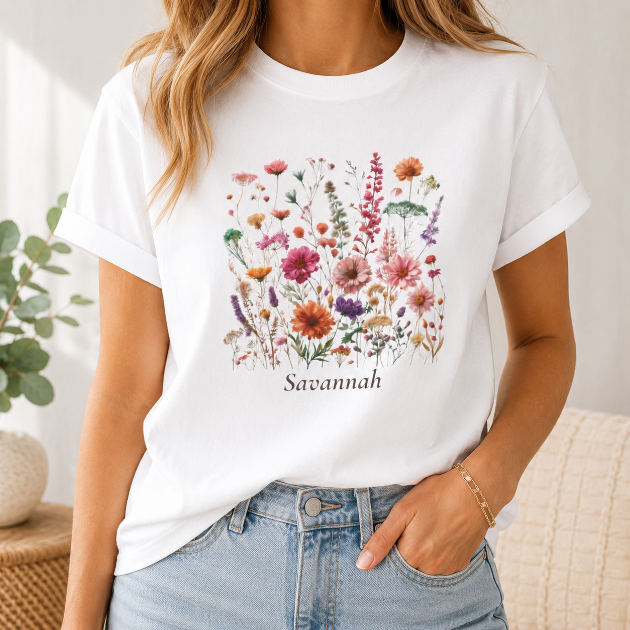 Model wearing wildflower bouquet personalized t-shirt outdoors