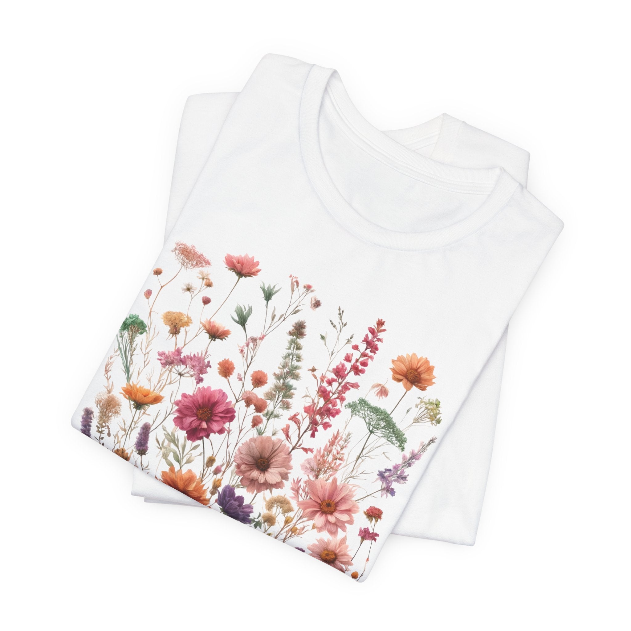 Folded wildflower bouquet personalized t-shirt showing size and fit