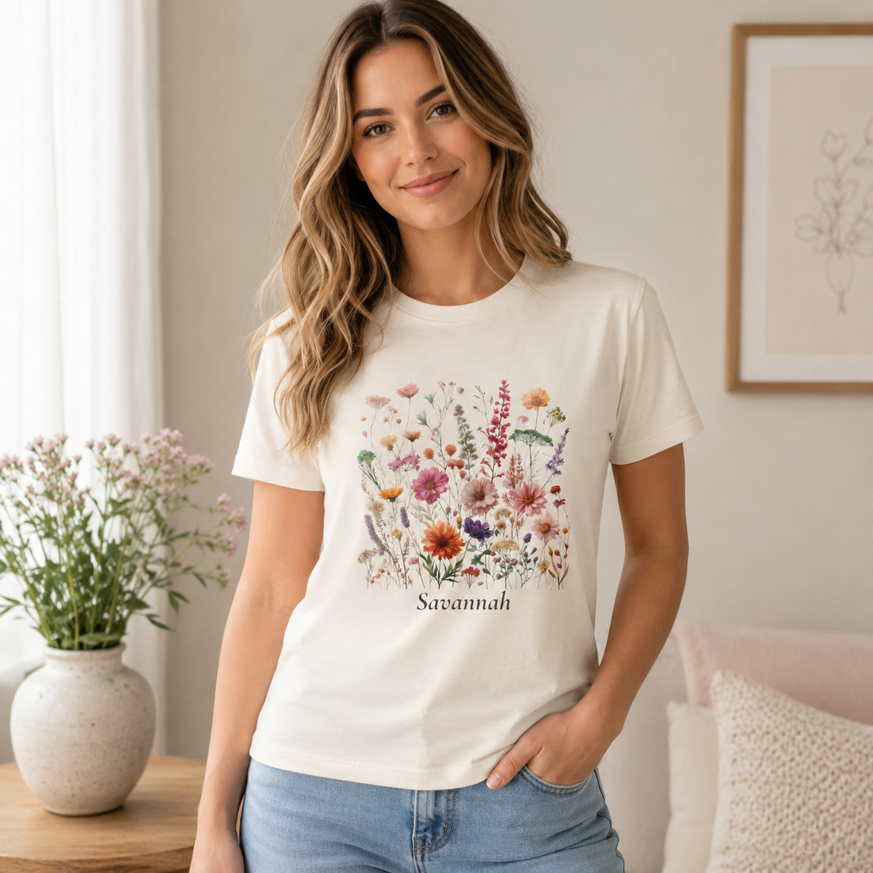 Wildflower bouquet personalized t-shirt worn by model close-up
