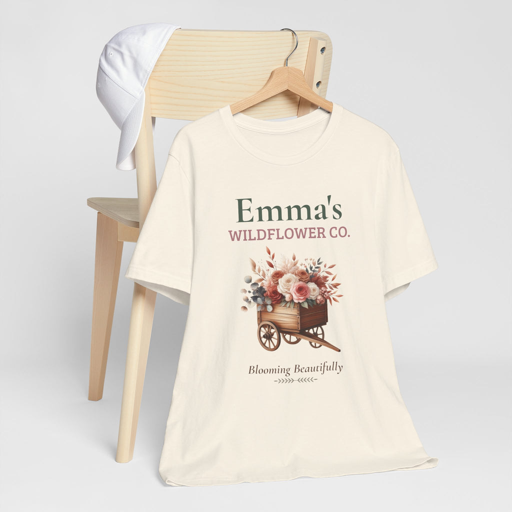 Wildflower Co. personalized t-shirt flat-lay with greenery