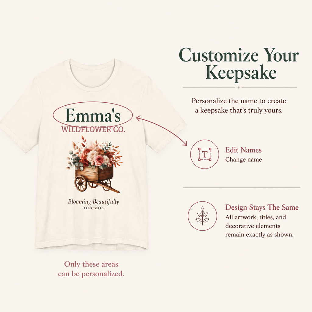 Wildflower Co. personalized tee displayed on a hanger