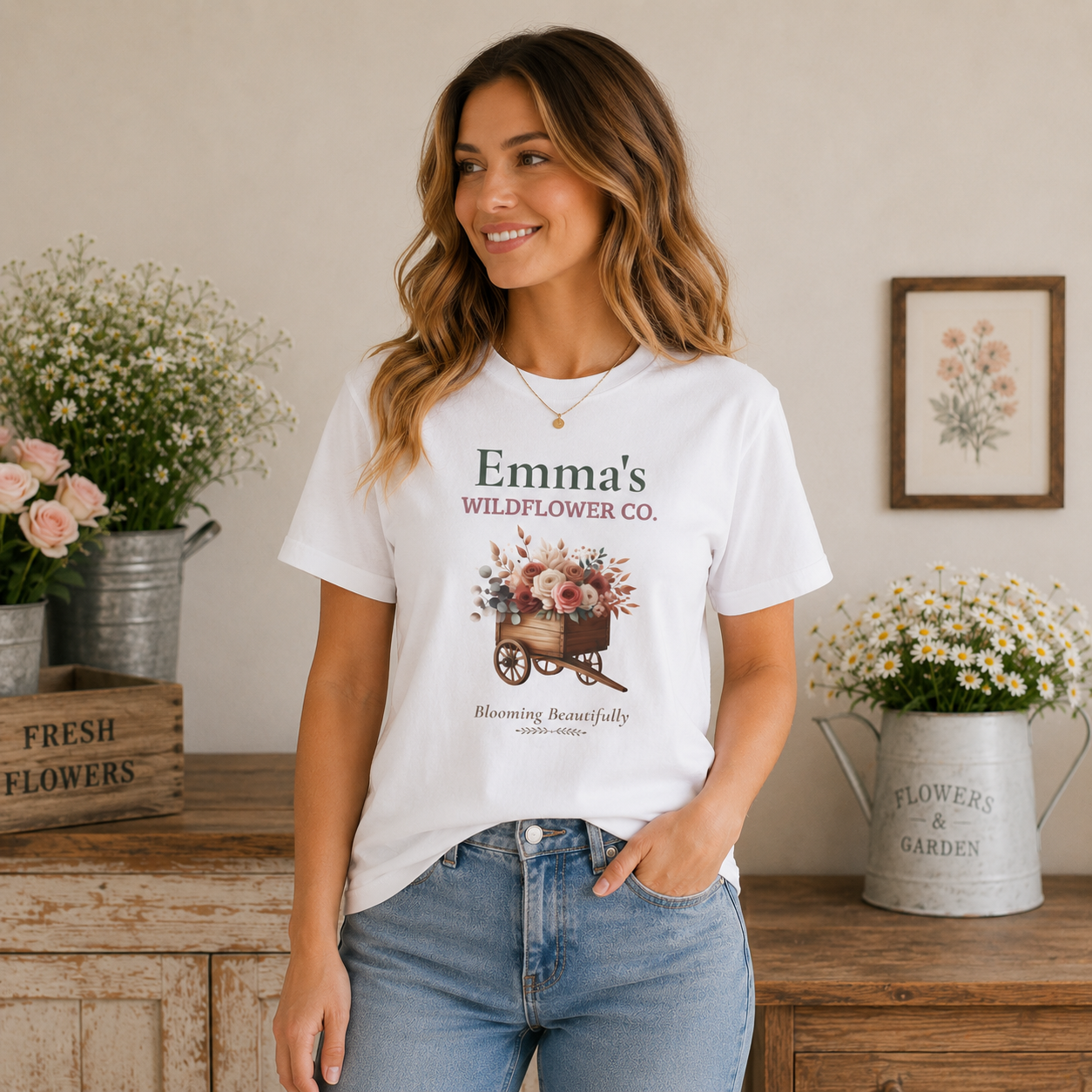 Wildflower Co. personalized tee shown on a model