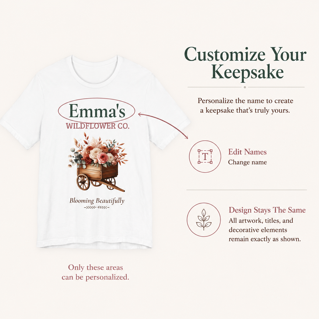 Detail of the personalized text on the Wildflower Co. tee