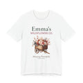 Personalized [Name]'s Wildflower Co. t-shirt with a 'Blooming Beautifully' floral cart design and custom name