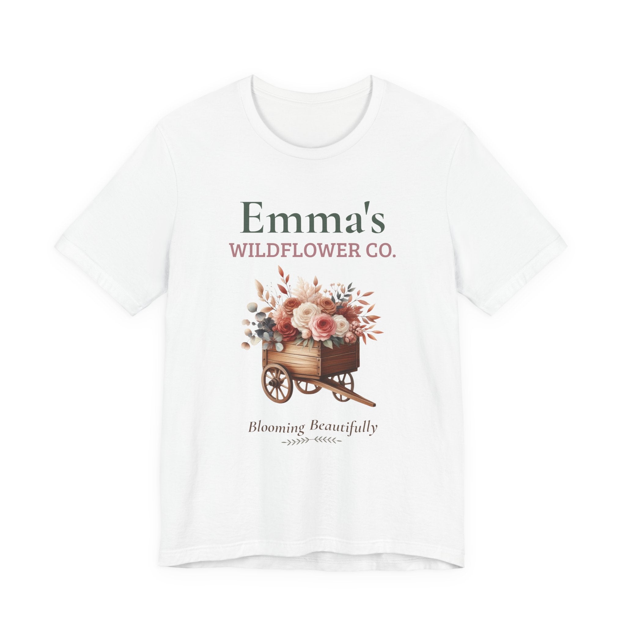 Personalized [Name]'s Wildflower Co. t-shirt with a 'Blooming Beautifully' floral cart design and custom name