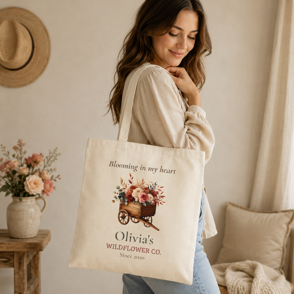 Close-up of the wildflower cart print on the Wildflower Co. tote bag