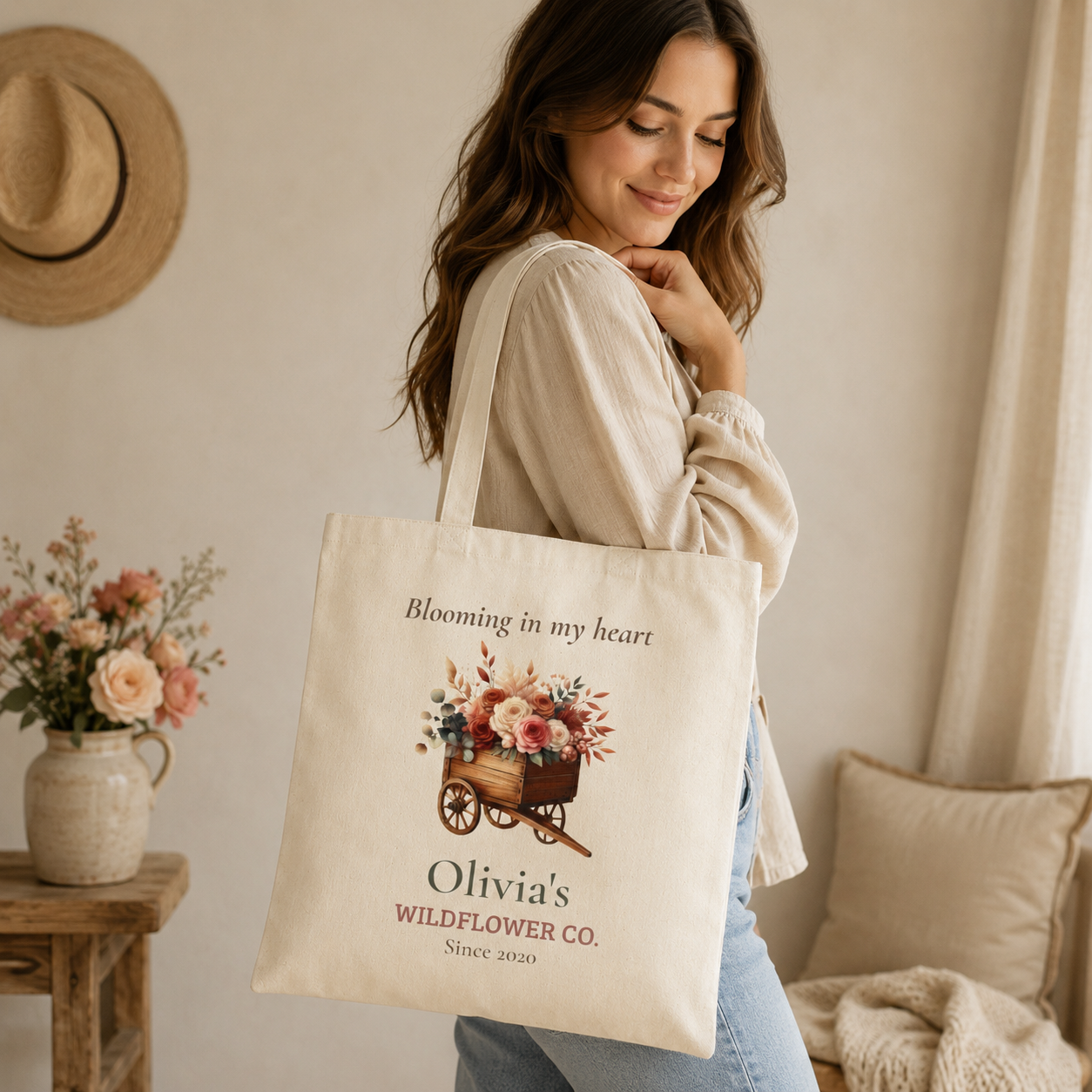 Close-up of the wildflower cart print on the Wildflower Co. tote bag