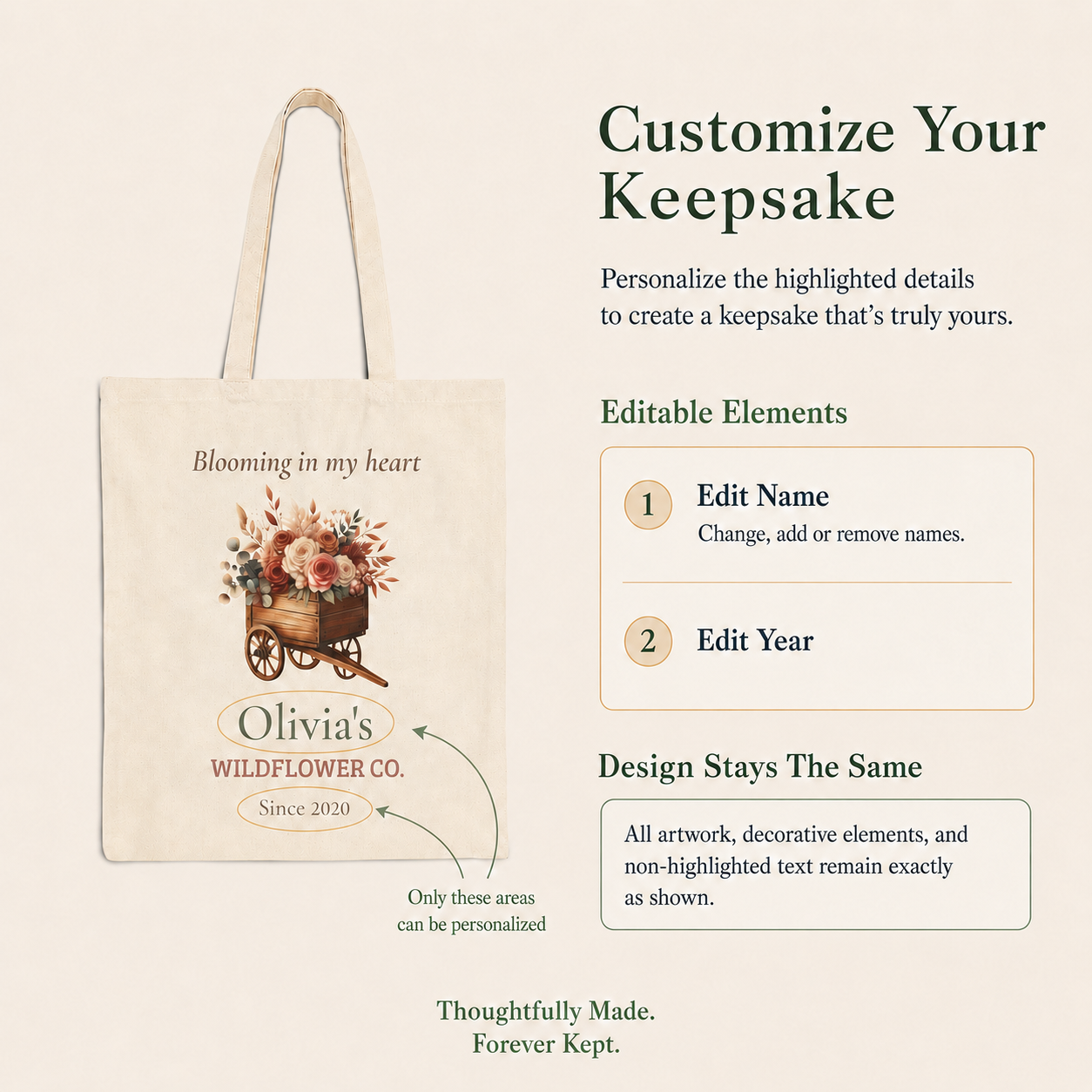 Wildflower Co. personalized cotton tote bag shown flat