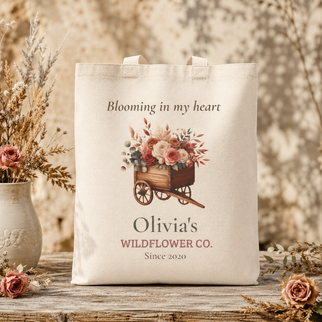 Wildflower Co. personalized tote bag shown held by the handles