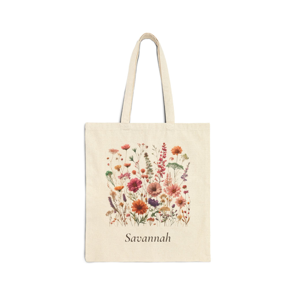 Personalized wildflower natural cotton canvas tote with a watercolour meadow design and a custom name