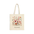 Personalized wildflower natural cotton canvas tote with a watercolour meadow design and a custom name