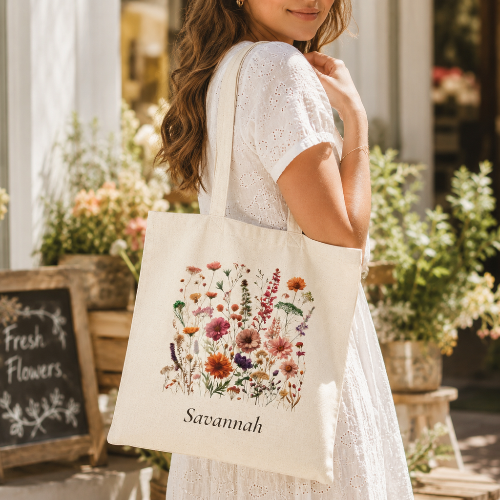 Close-up of the wildflower meadow print on the Wildflower tote bag