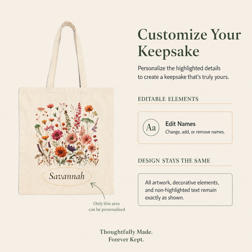 Wildflower personalized cotton tote bag shown flat