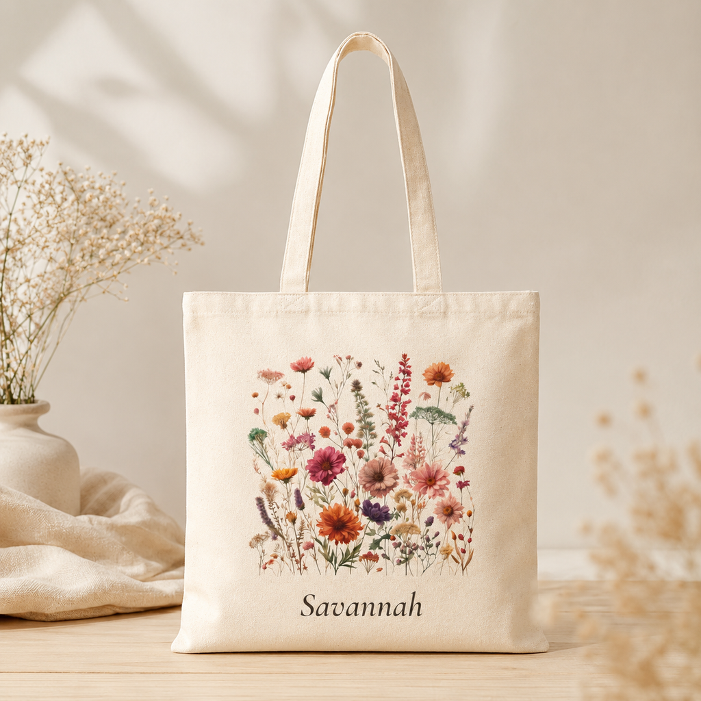 Wildflower personalized tote bag shown held by the handles