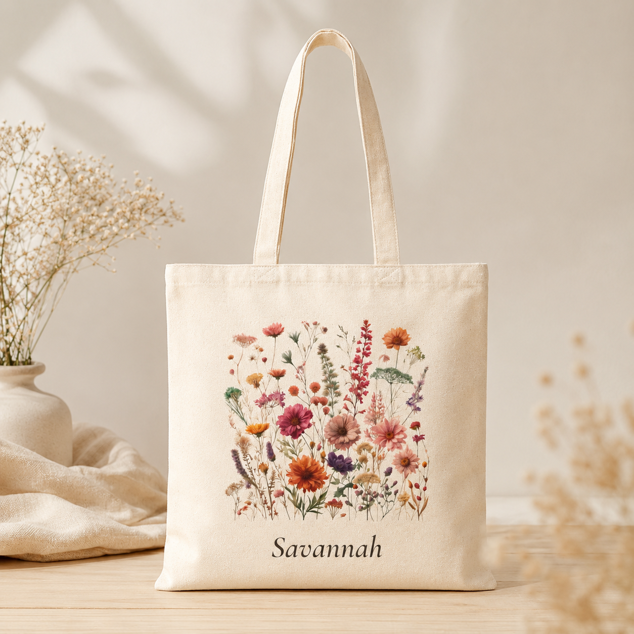Wildflower personalized tote bag shown held by the handles